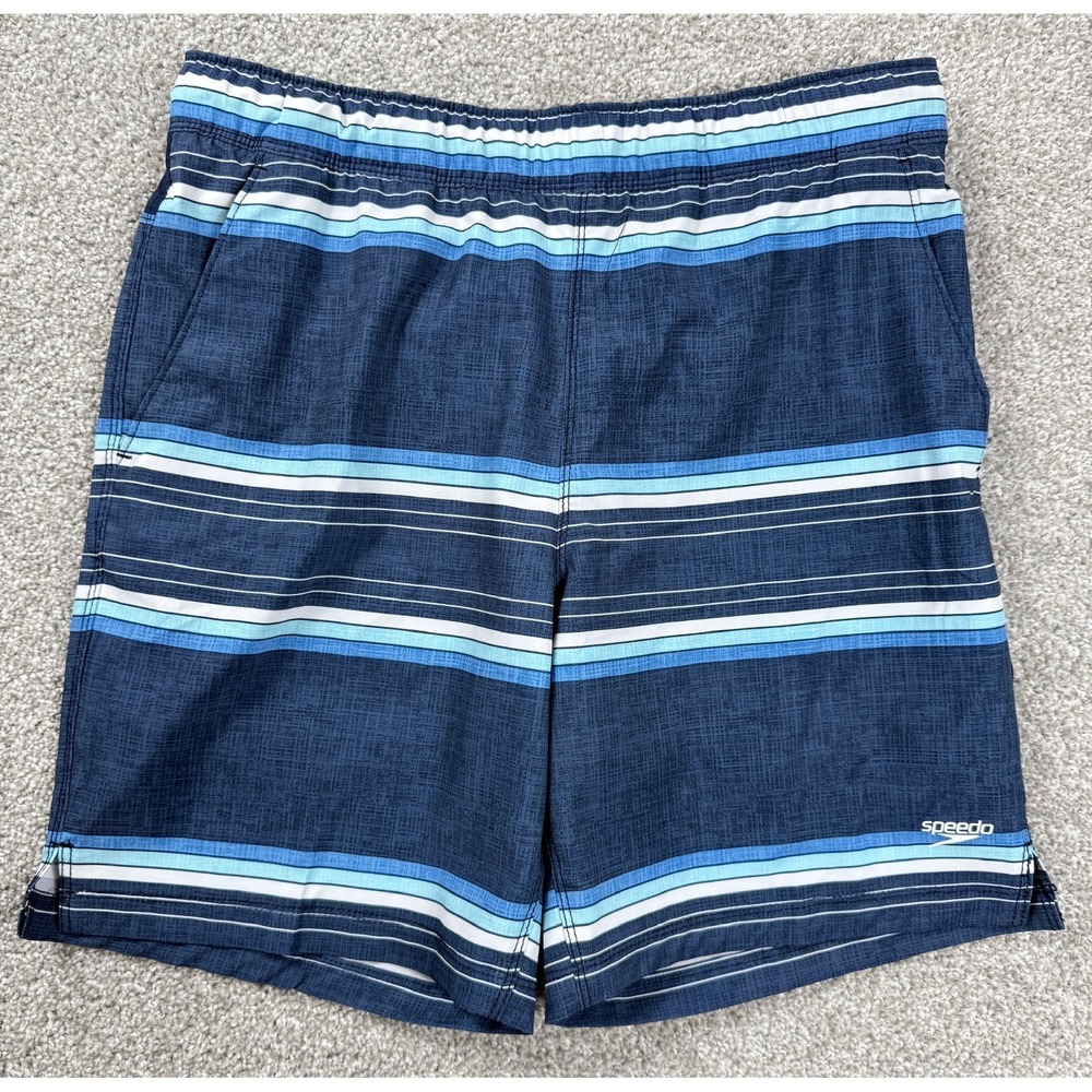 Speedo Mens Small Board Shorts‎ Blue Striped Swim Trunks Stretch Zip Pocket
